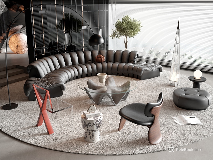 Modern Curved Black Leather Sofa and Coffee Table Set With Accent Chairs Ottomans and Rug 3d model 
