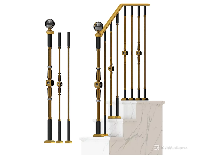 Decorative Staircase Railings With Gold And Black Design And White Marble Steps 3d model 