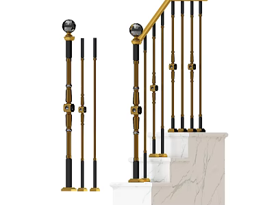 Decorative Staircase Railings With Gold And Black Design And White Marble Steps 3d model