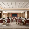 Spacious Banquet Hall With Round Tables Elegant Chairs And Paneled Ceiling 3d model