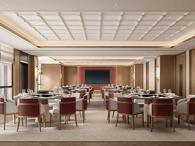 Spacious Banquet Hall With Round Tables Elegant Chairs And Paneled Ceiling 3d model