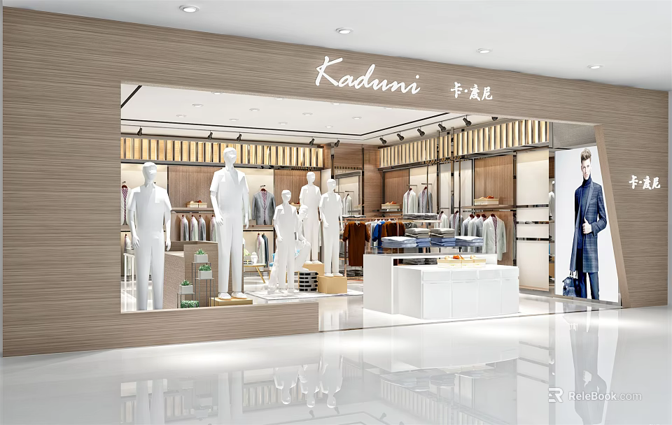 Kadimi Fashion Clothing Store In Mall With White Mannequins Clothing Display Wooden Decor And White Counter 3d model 
