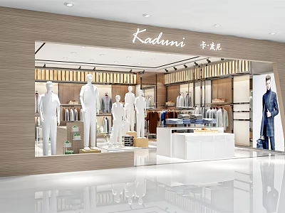 Kadimi Fashion Clothing Store In Mall With White Mannequins Clothing Display Wooden Decor And White Counter 3d model