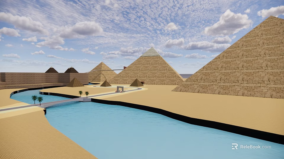 Egyptian Pyramids Desert Landscape With Blue Water Channel And White Clouds 3d model 