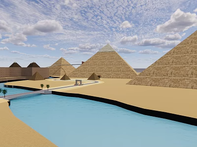 Egyptian Pyramids Desert Landscape With Blue Water Channel And White Clouds 3d model