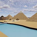 Egyptian Pyramids Desert Landscape With Blue Water Channel And White Clouds
