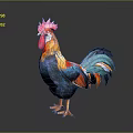 Colorful Flying Rooster with Bright Red Comb and Vibrant Feathers Standing on Dark Background