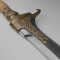 Ornamental Sword With Engraved Curved Blade And Decorative Brass Hilt Wooden Handle