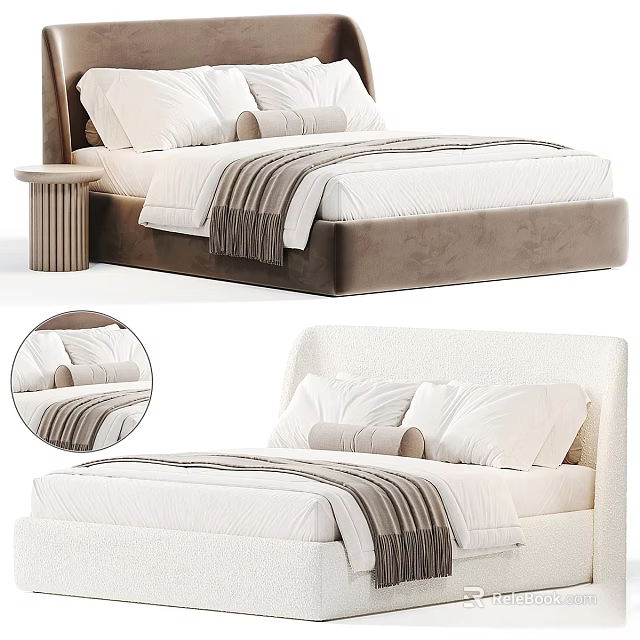 Modern Double Bed With Soft Headboard White Pillows Striped Bed Sheets And Round Nightstand 3d model 