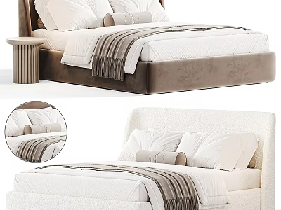 Modern Double Bed With Soft Headboard White Pillows Striped Bed Sheets And Round Nightstand 3d model