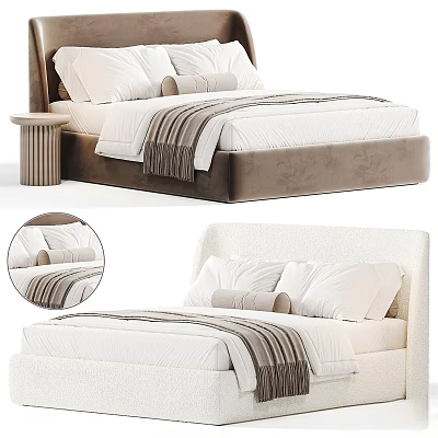 Modern Double Bed With Soft Headboard White Pillows Striped Bed Sheets And Round Nightstand 3d model