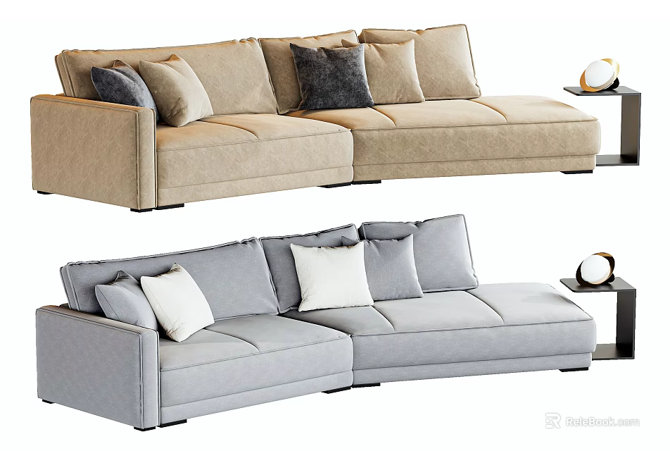 Beige And Light Gray Sectional Sofas With Decorative Cushions And Side Table Lamp 3d model