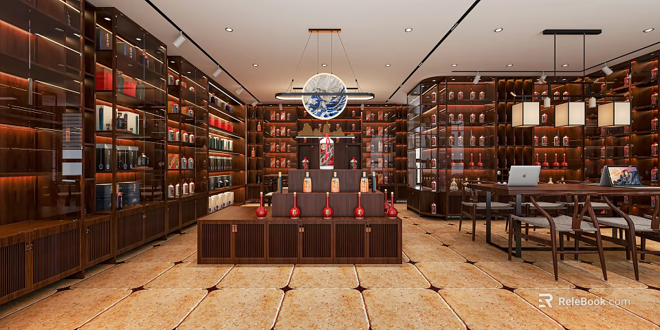 Elegant Liquor Store Interior Design With Wooden Shelves Wine Displays Counter And Chandelier 3d model 