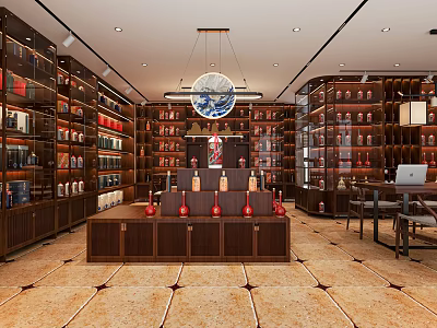 Elegant Liquor Store Interior Design With Wooden Shelves Wine Displays Counter And Chandelier 3d model