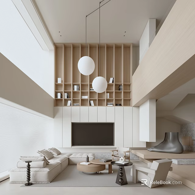 Minimalist Duplex Living Room With Wooden Shelves And Sofas 3d model 