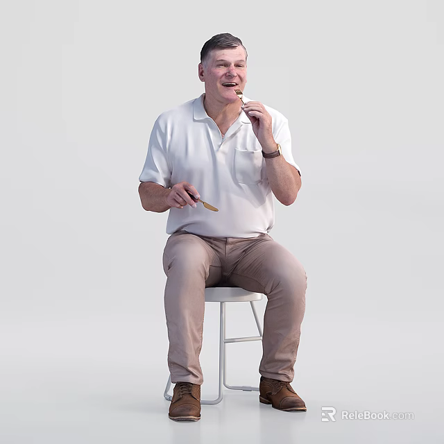 Man Sitting On White Stool Wearing White Polo Shirt And Khaki Pants Holding Tool 3d model 