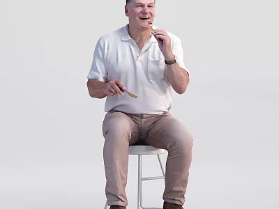Man Sitting On White Stool Wearing White Polo Shirt And Khaki Pants Holding Tool 3d model