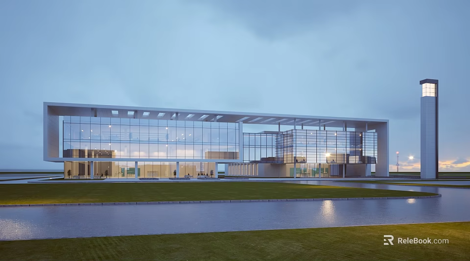 Modern Sales Office Building With Large Glass Curtain Walls Steel Frame And Lawn Water Feature 3d model 