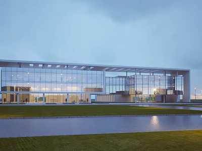 Modern Sales Office Building With Large Glass Curtain Walls Steel Frame And Lawn Water Feature 3d model