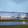 Modern Sales Office Building With Large Glass Curtain Walls Steel Frame And Lawn Water Feature