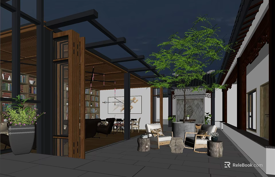 Modern Courtyard Garden Landscape With Wooden Pergola Green Trees And Outdoor Seating 3d model 