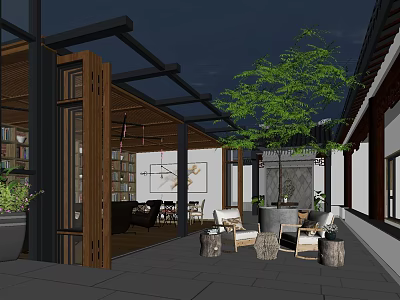 Modern Courtyard Garden Landscape With Wooden Pergola Green Trees And Outdoor Seating 3d model
