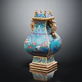 Chinese Traditional Cloisonne Vase With Blue Enamel Gold Dragon Handles And Crane Patterns