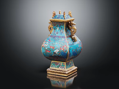 Chinese Traditional Cloisonne Vase With Blue Enamel Gold Dragon Handles And Crane Patterns 3d model