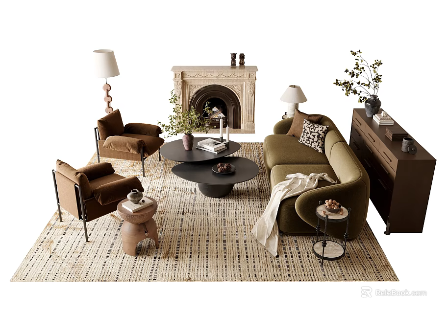 Cozy Modern Living Room Sofa and Coffee Table Set With Armchairs Fireplace and Plants 3d model 