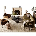 Cozy Modern Living Room Sofa and Coffee Table Set With Armchairs Fireplace and Plants