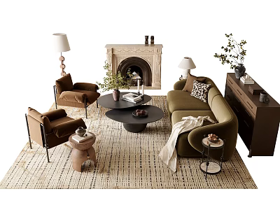 Cozy Modern Living Room Sofa and Coffee Table Set With Armchairs Fireplace and Plants 3d model