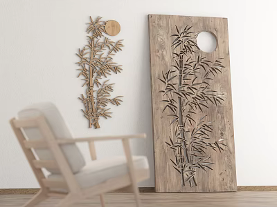 Bamboo Silhouette Wooden Wall Decor And Panel Art In Modern Interior With Chair 3d model