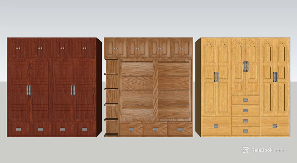 Different Style Wooden Wardrobes With Cabinet Doors Open Shelves And Drawers 3d model 