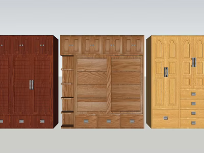 Different Style Wooden Wardrobes With Cabinet Doors Open Shelves And Drawers 3d model