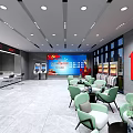 Modern Service Hall Interior With Seats Desks And Large Digital Display Setup 3d model