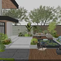 Modern Courtyard Garden With Wooden Deck Lush Greenery Outdoor Sofa Water Feature And Fire Pit