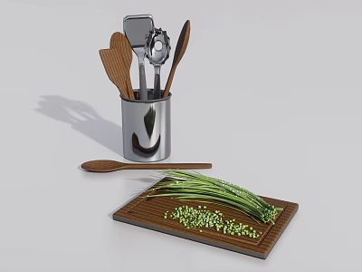 Essential Kitchen Cooking Utensils In Metal Holder With Wooden Cutting Board And Chopped Scallions 3d model