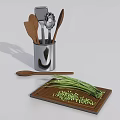Essential Kitchen Cooking Utensils In Metal Holder With Wooden Cutting Board And Chopped Scallions
