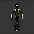 Futuristic Armored Character with Yellow Accent Lines in Dark Exoskeleton Suit 3D Render Design