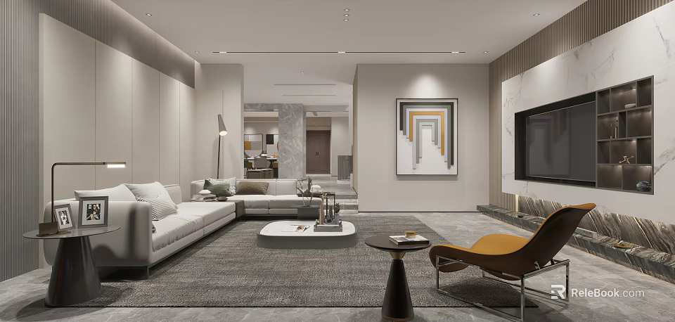 Modern Living Room Interior With White Sofa Gray Carpet And Yellow Accent Chair 3d model 
