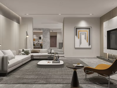 Modern Living Room Interior With White Sofa Gray Carpet And Yellow Accent Chair 3d model