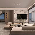 Modern Living And Dining Room With Beige Sofa Marble Table And TV Wall