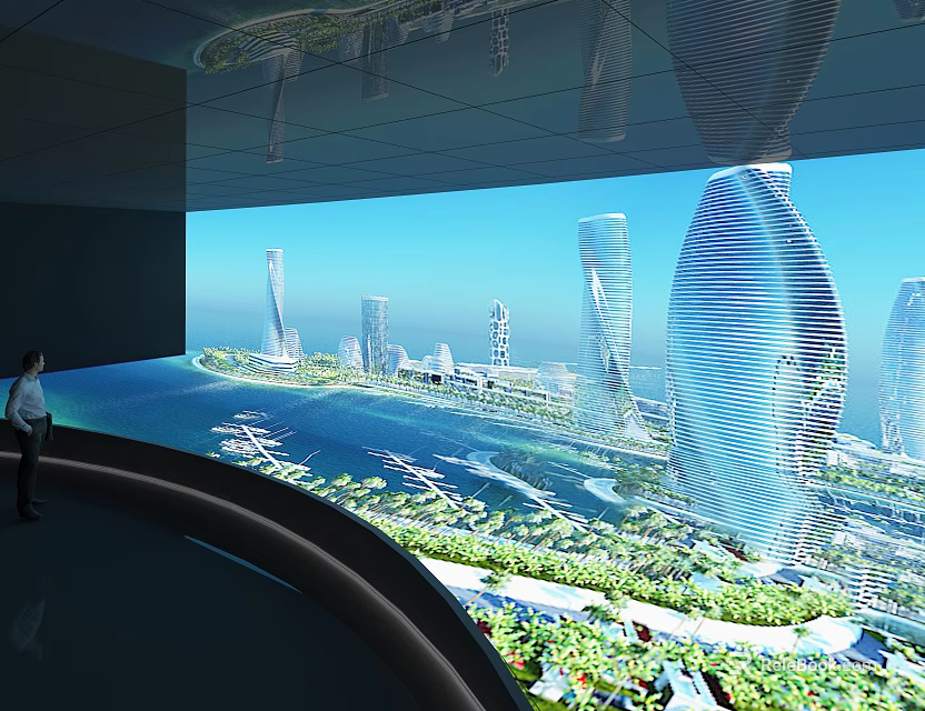 Large Digital Display Showing Computer Generated Future City Model With Green Areas And Skyscrapers 3d model 