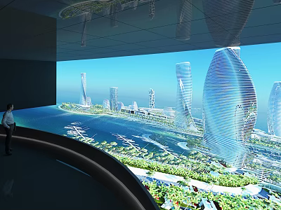 Large Digital Display Showing Computer Generated Future City Model With Green Areas And Skyscrapers 3d model