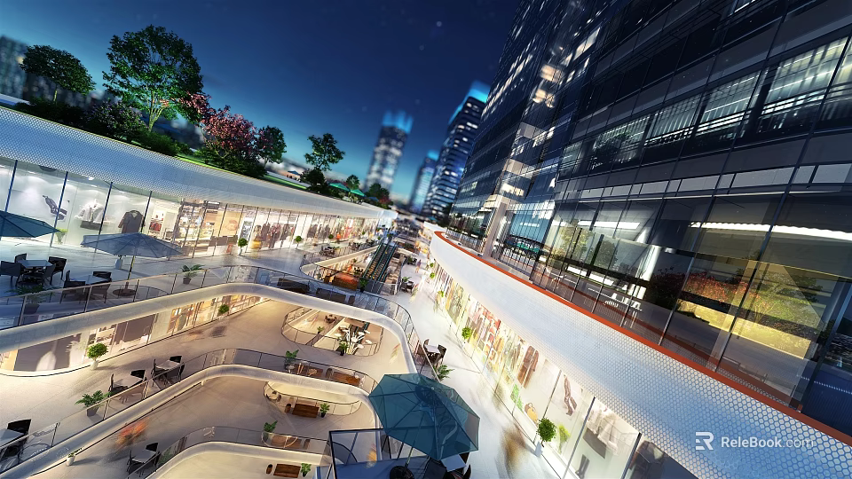 Modern Commercial Street Night View With Tall Buildings Illuminated Shops Green Plants And Lighting 3d model 