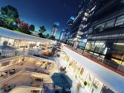 Modern Commercial Street Night View With Tall Buildings Illuminated Shops Green Plants And Lighting 3d model