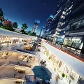 Modern Commercial Street Night View With Tall Buildings Illuminated Shops Green Plants And Lighting