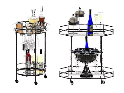 Commercial Mobile Bar Carts With Multiple Tiers Wheels Bottles Glasses And Bar Tools 3d model