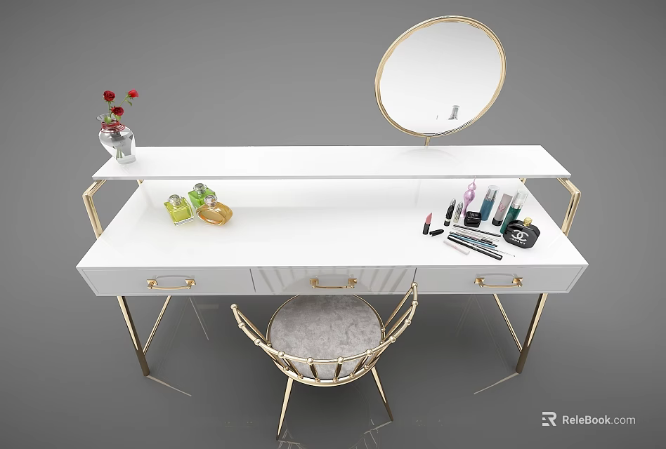 Modern White Dressing Table with Gold Frame Round Mirror Cosmetics and Padded Stool 3d model