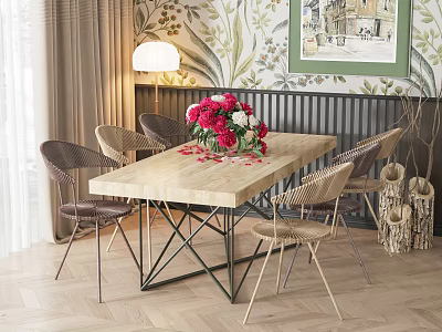 Cozy Natural Dining Table Set With Wicker Chairs Red Flowers Floral Wall And Wooden Floor 3d model